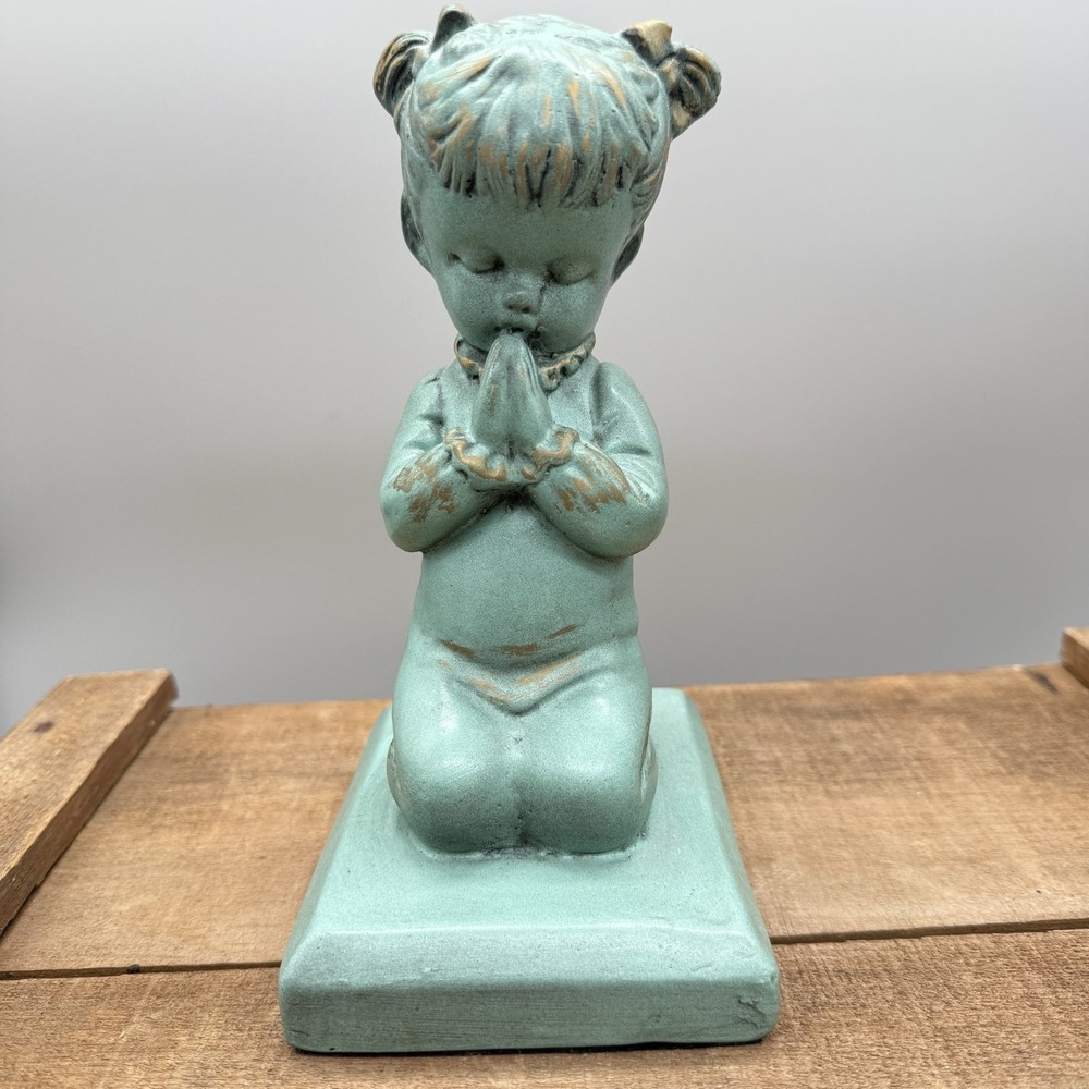 Vintage Praying Girl Figurine Teal Gold Accents Kneeling Child Statue 8 Inch